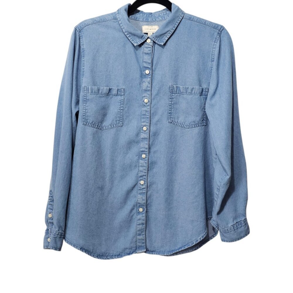 Lucky Brand Denim Long Sleeve Button Down Boho Chambray Jean Top Size L